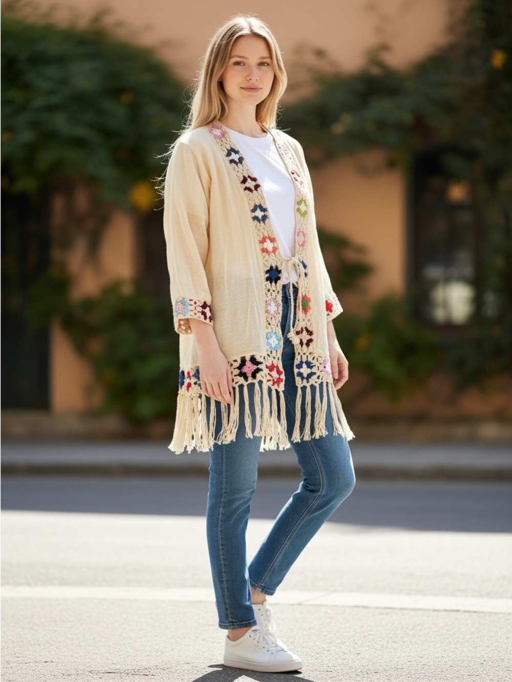 Anthropology x Kindred 2X Boho Granny Square Crochet-Trim Fringe Cardigan